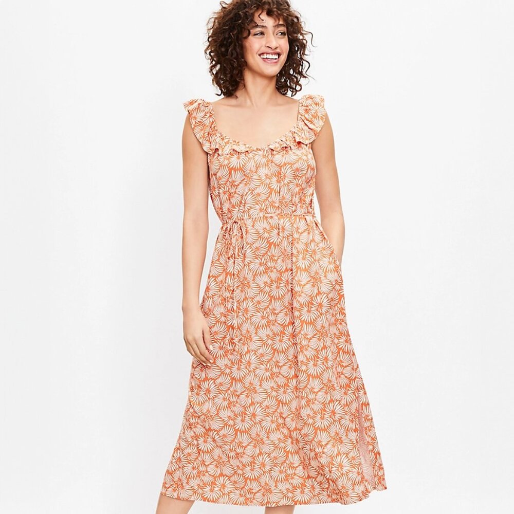 NWOT Loft Orange Leaf Flutter Midi Dress | S